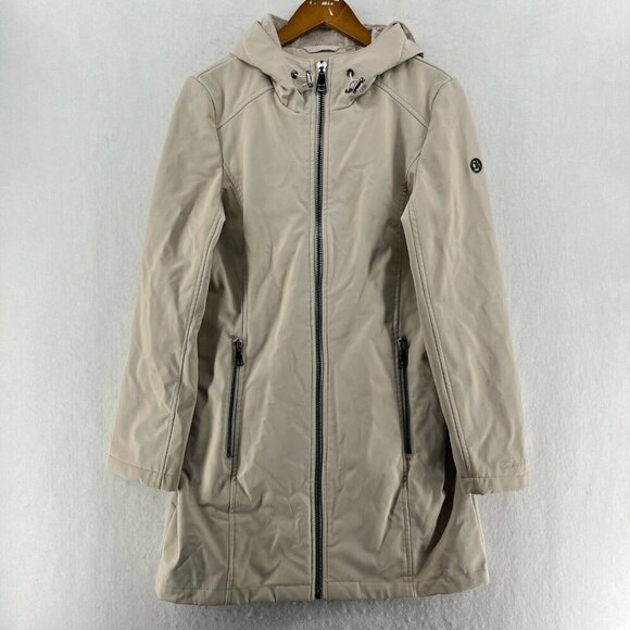 Calvin Klein Parka Jacket Women's S Beige Full Zip Faux Fur Lined Hooded Pocket - Picture 1 of 14